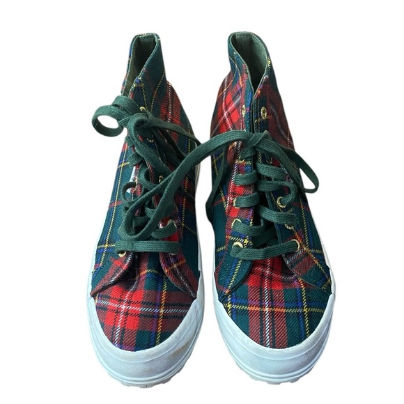 Superga 2431 Suede High top lace up green plaid sneakers - Picture 2 of 11